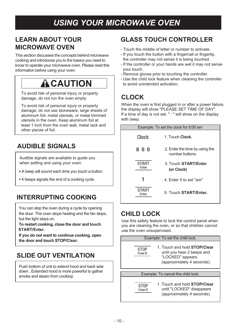 Caution, Using your microwave oven, Learn about your microwave oven | Glass touch controller, Clock, Child lock, Audible signals, Interrupting cooking, Slide out ventilation | LG LMHM2237ST User Manual | Page 10 / 32