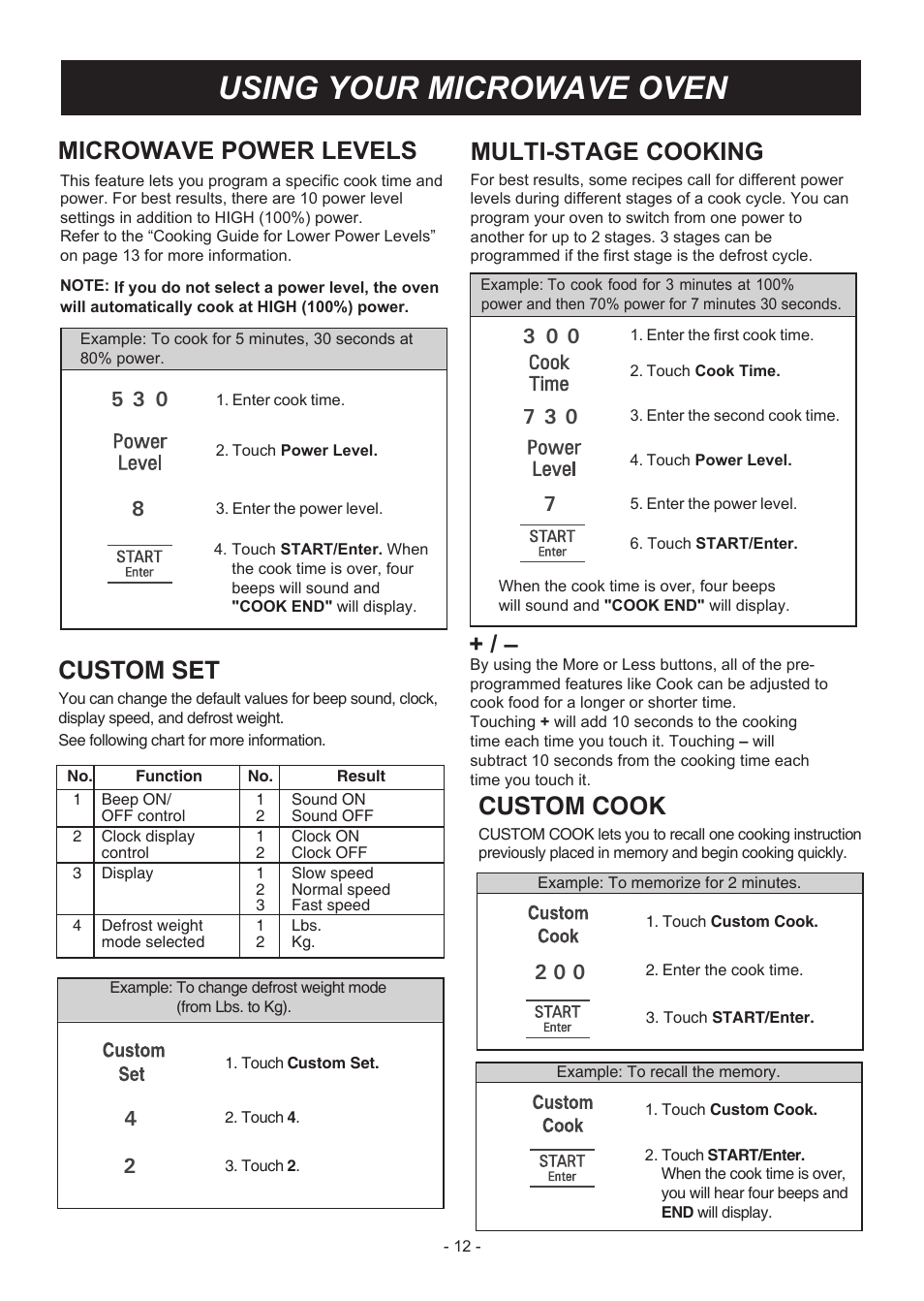 Using your microwave oven, Custom set, Custom cook | Microwave power levels multi-stage cooking | LG LMHM2237ST User Manual | Page 12 / 32