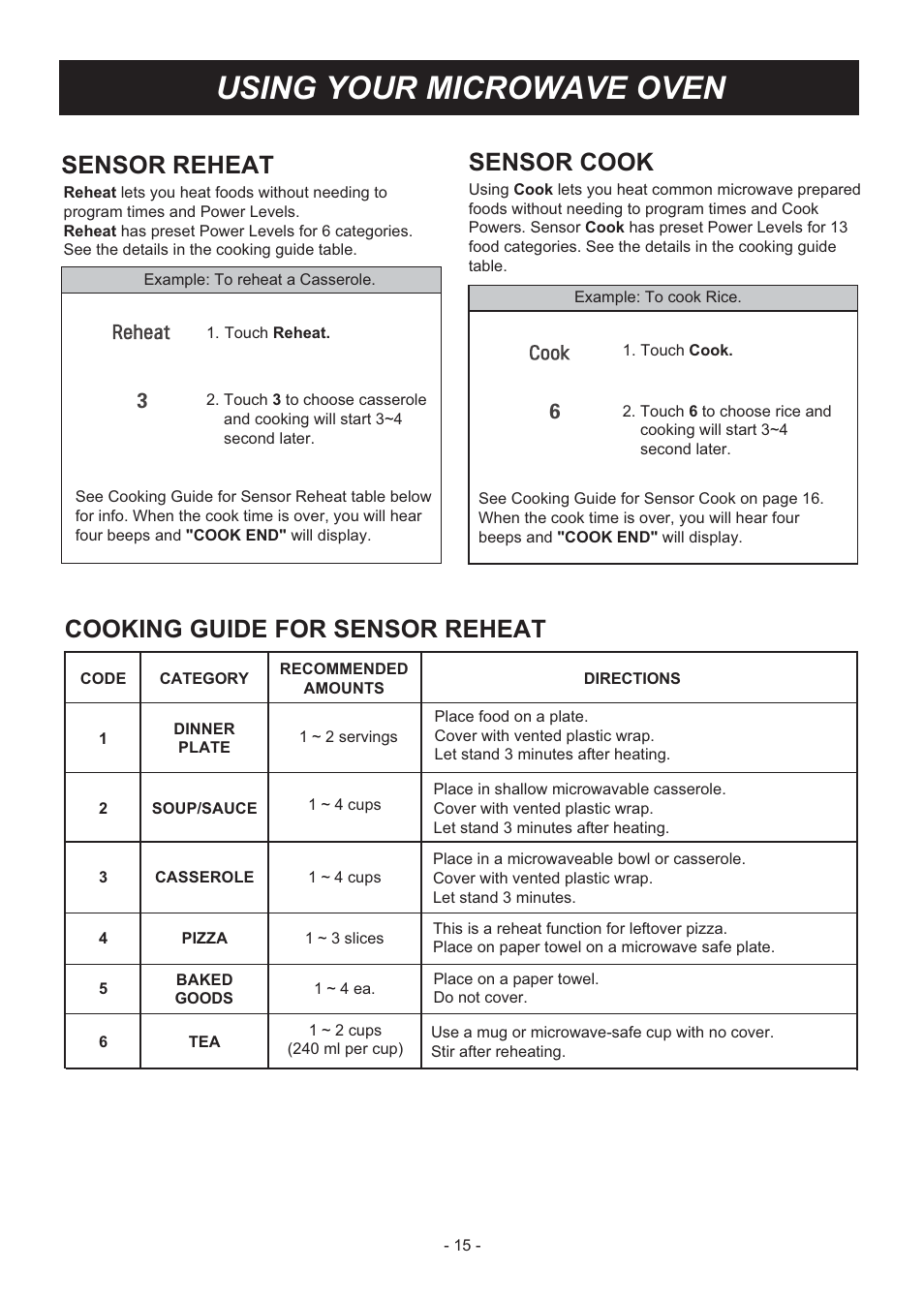 Using your microwave oven, Sensor cook, Sensor reheat | Cooking guide for sensor reheat | LG LMHM2237ST User Manual | Page 15 / 32