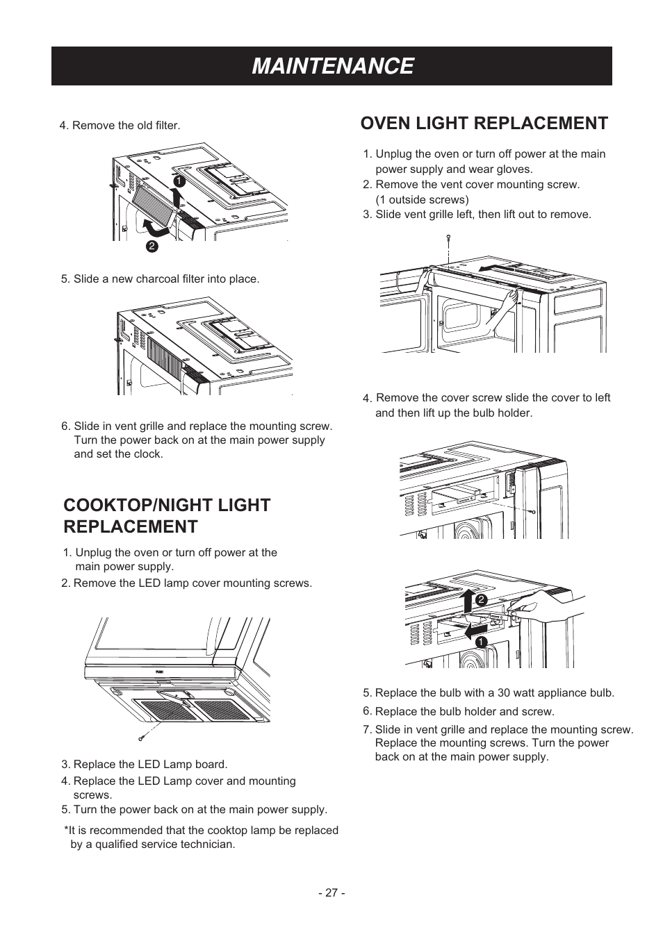 Maintenance, Oven light replacement, Cooktop/night light replacement | LG LMHM2237ST User Manual | Page 27 / 32