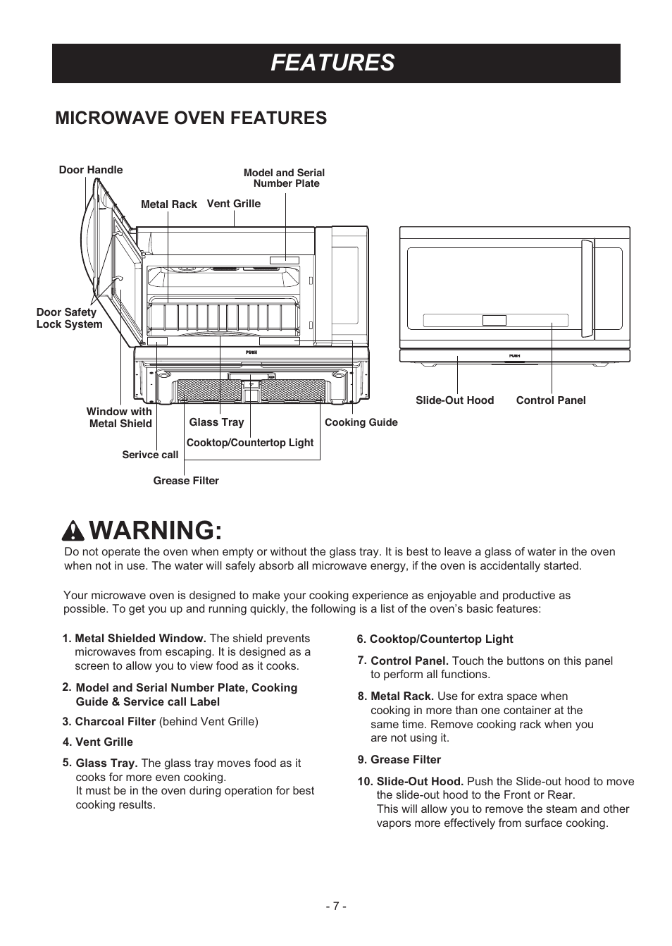 Warning, Features, Microwave oven features | LG LMHM2237ST User Manual | Page 7 / 32
