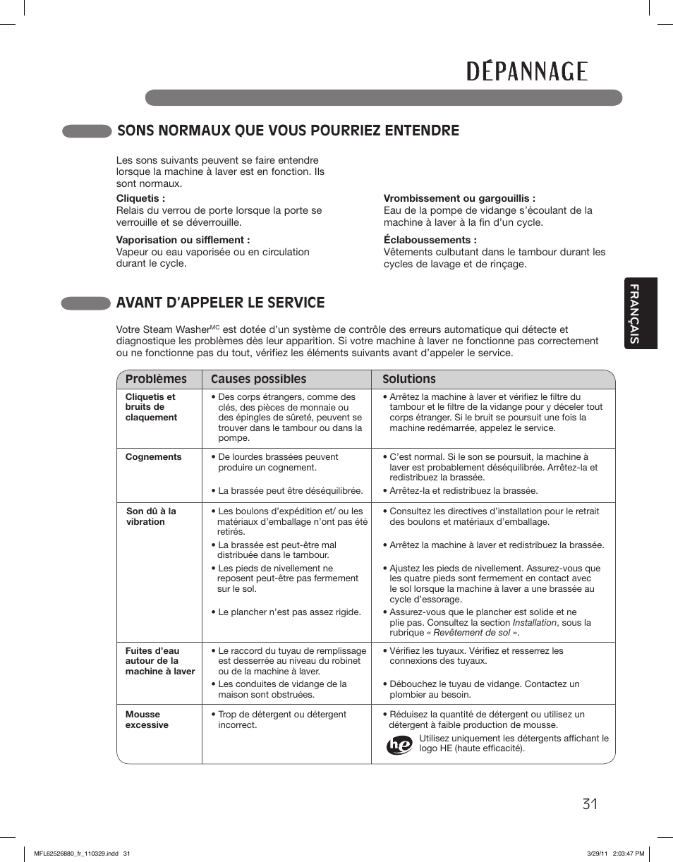 D é pa n n ag e, Sons normaux que vous pourriez entendre, Avant d’appeler le service | LG WM2550HRCA User Manual | Page 103 / 108