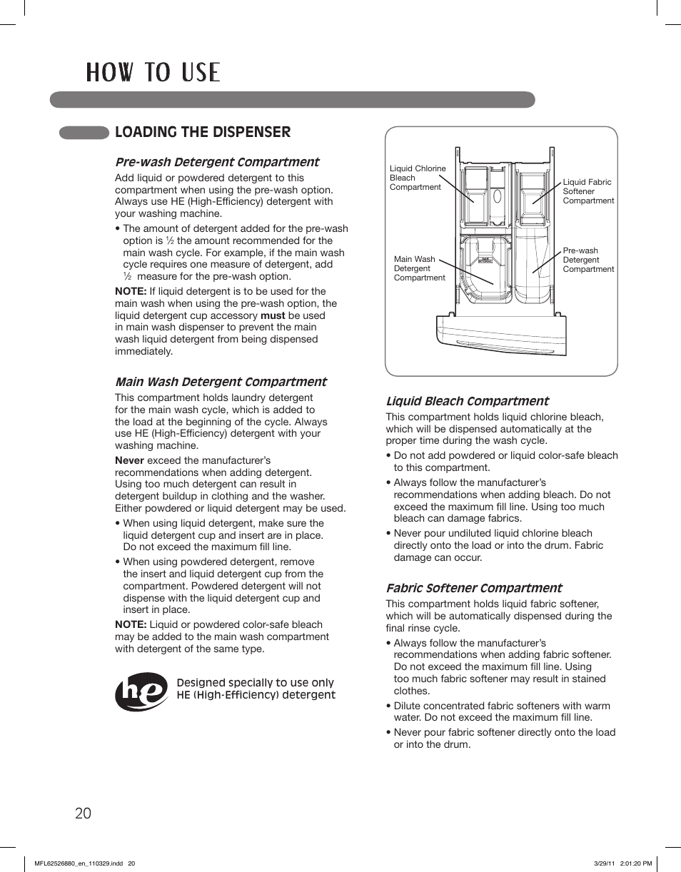 H o w to u s e, Loading the dispenser | LG WM2550HRCA User Manual | Page 20 / 108
