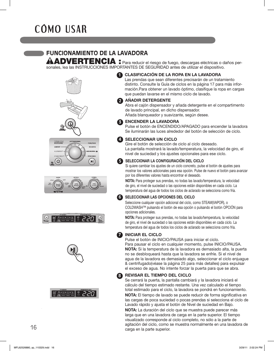 Wadvertencia, Funcionamiento de la lavadora | LG WM2550HRCA User Manual | Page 52 / 108