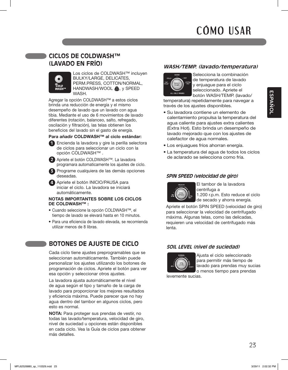 Botones de ajuste de ciclo, Ciclos de coldwash™ (lavado en frío), Ciclos de lavar rapido 23 | LG WM2550HRCA User Manual | Page 59 / 108
