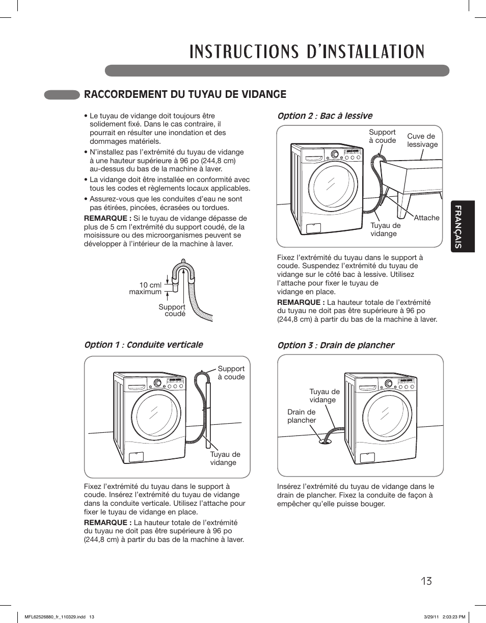 Raccordement du tuyau de vidange | LG WM2550HRCA User Manual | Page 85 / 108