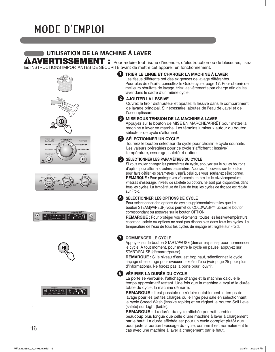 Wavertissement, Utilisation de la machine à laver | LG WM2550HRCA User Manual | Page 88 / 108
