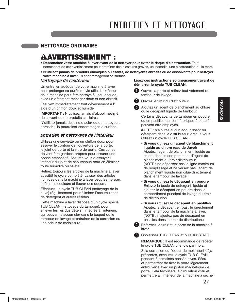 Wavertissement, Nettoyage ordinaire, Cycles d’entretien spécial 27 | LG WM2550HRCA User Manual | Page 99 / 108