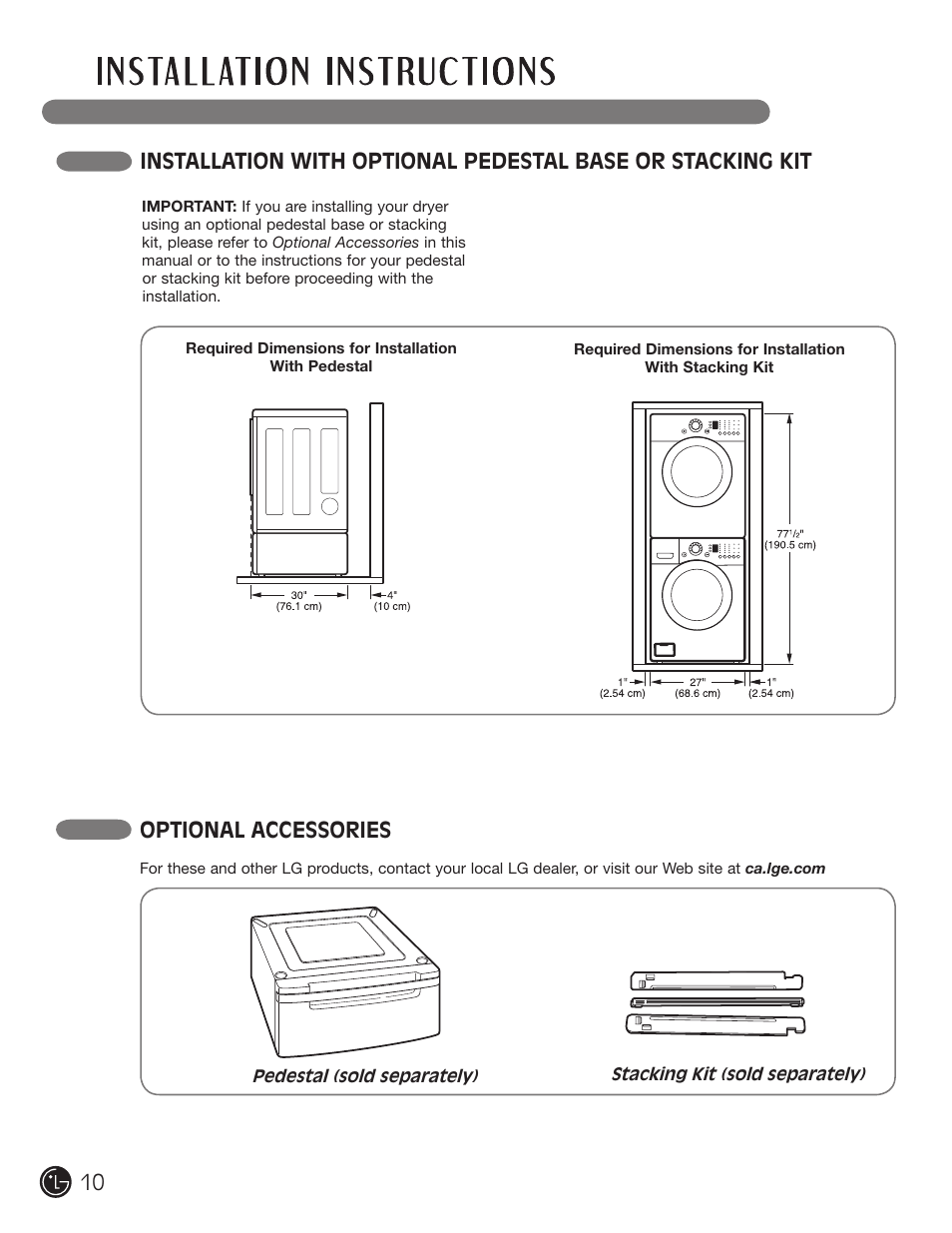 Optional accessories | LG DLE2101W User Manual | Page 10 / 112