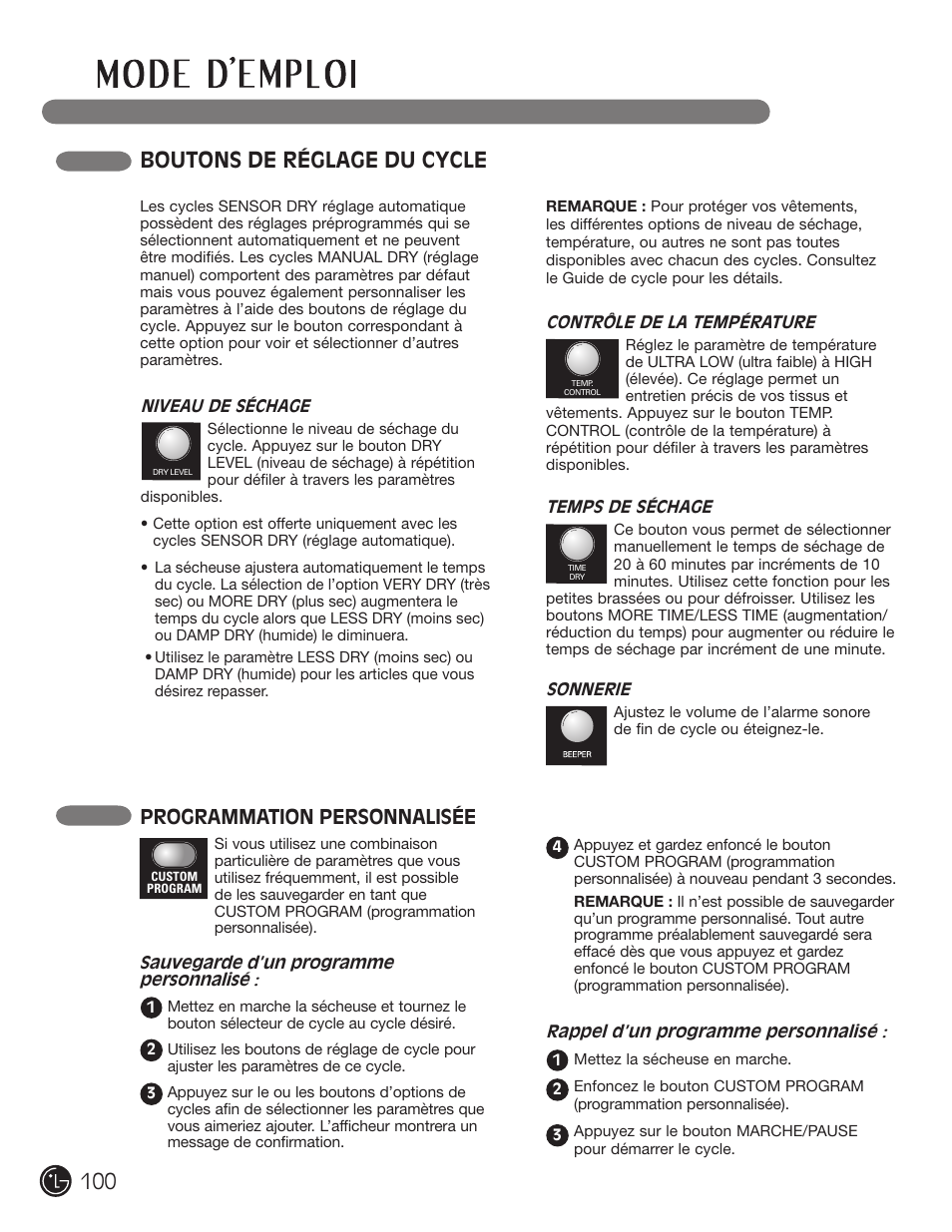 Boutons de réglage du cycle, Programmation personnalisée | LG DLE2101W User Manual | Page 100 / 112