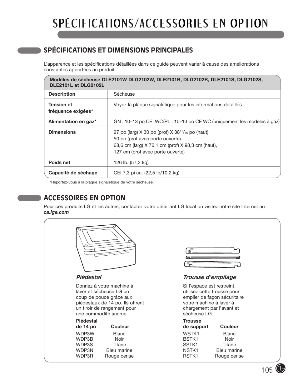Spécifications et dimensions principales, Accessoires en option | LG DLE2101W User Manual | Page 105 / 112