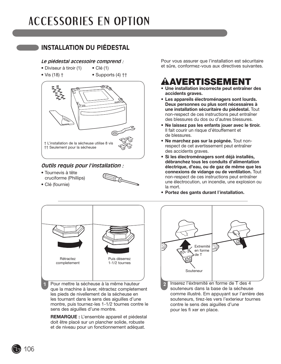 Wavertissement, Installation du piédestal | LG DLE2101W User Manual | Page 106 / 112