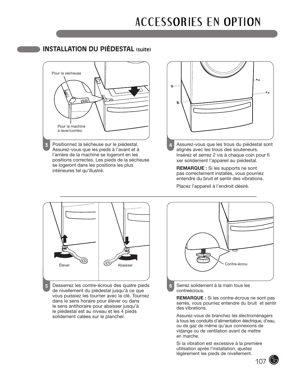 Installation du piédestal | LG DLE2101W User Manual | Page 107 / 112