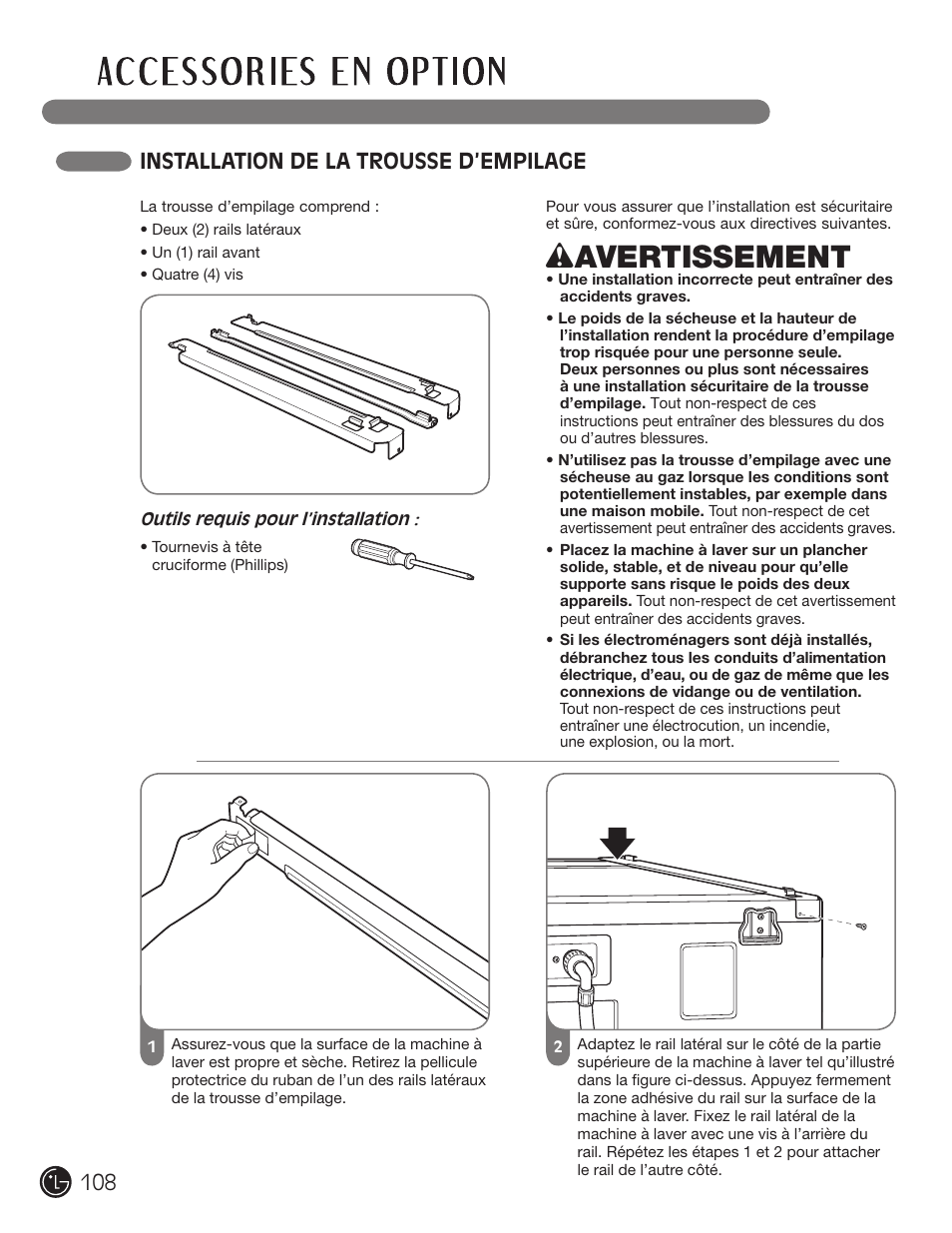 Wavertissement, Installation de la trousse d’empilage | LG DLE2101W User Manual | Page 108 / 112