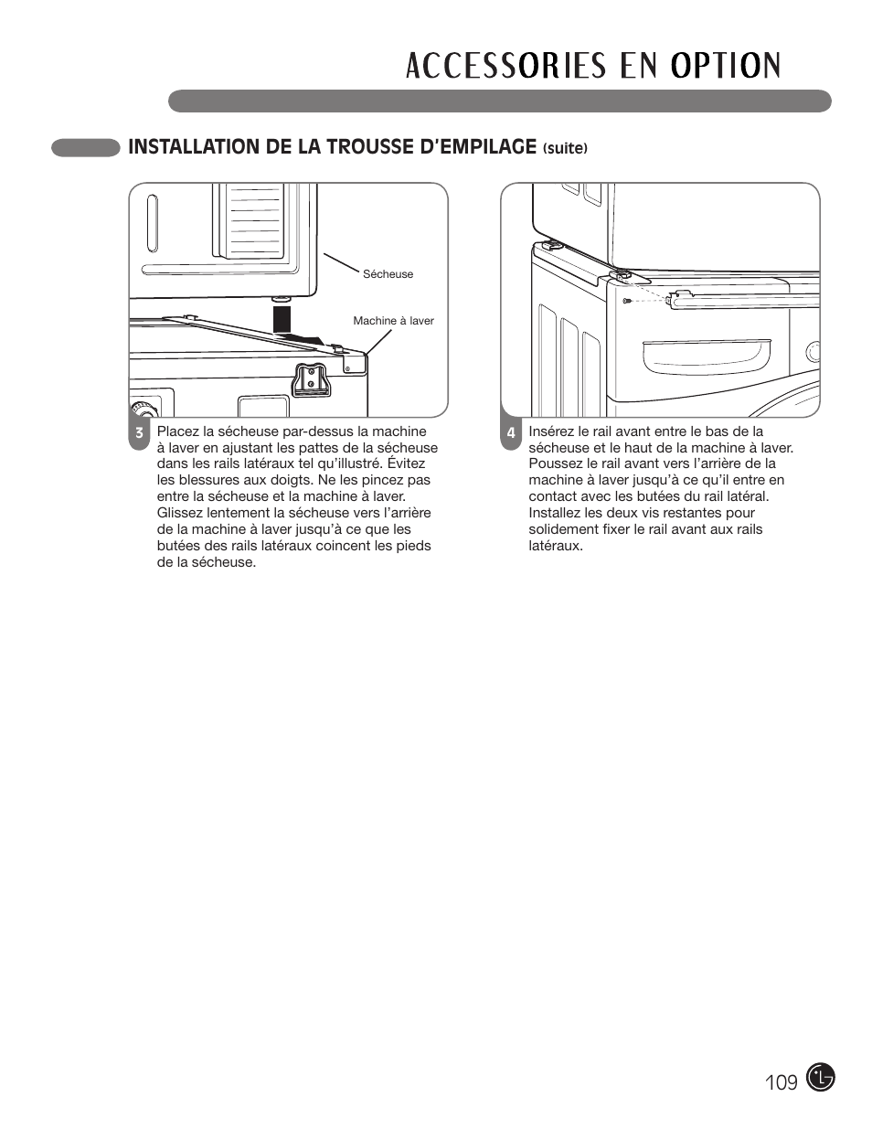Installation de la trousse d’empilage | LG DLE2101W User Manual | Page 109 / 112