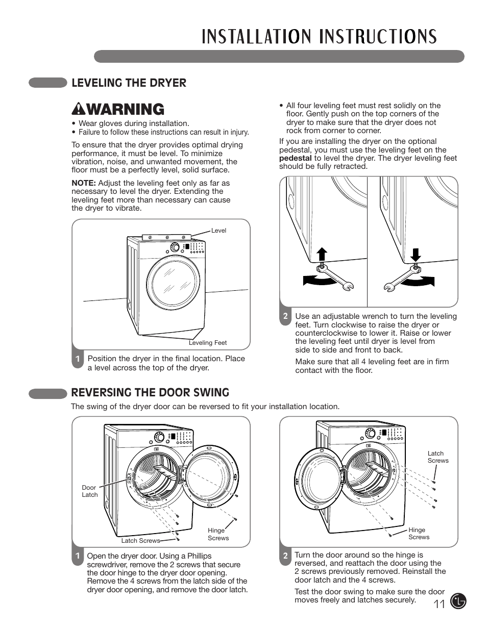 Wwarning, Reversing the door swing, Leveling the dryer | LG DLE2101W User Manual | Page 11 / 112
