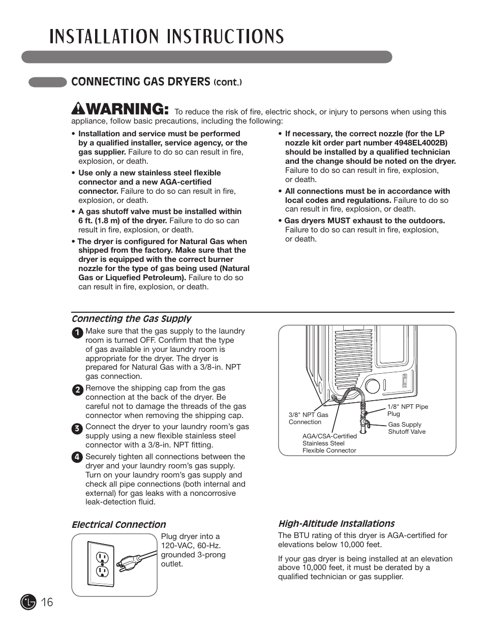 Wwarning, Connecting gas dryers | LG DLE2101W User Manual | Page 16 / 112