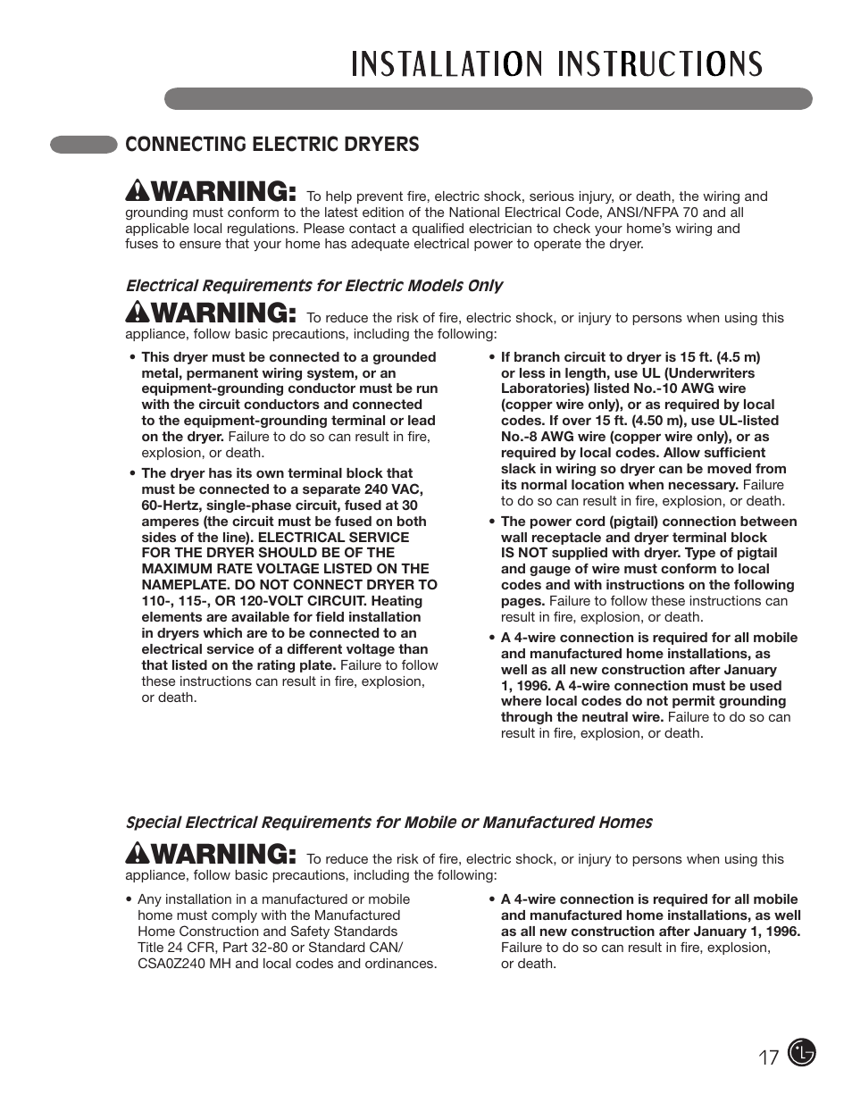 Wwarning, Connecting electric dryers | LG DLE2101W User Manual | Page 17 / 112