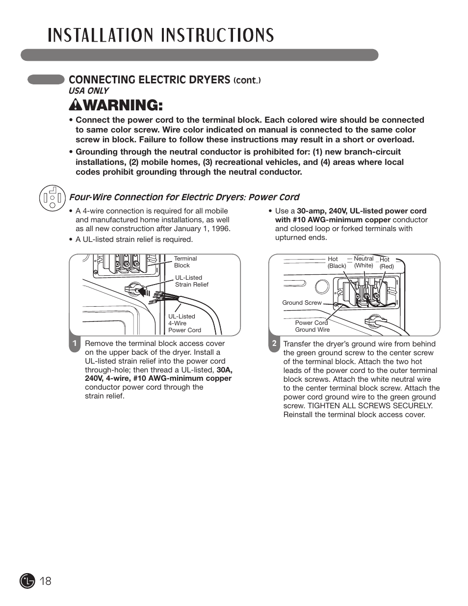 Wwarning, Connecting electric dryers | LG DLE2101W User Manual | Page 18 / 112