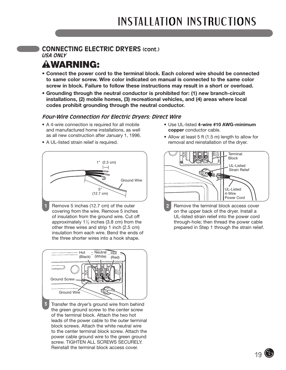 Wwarning, Connecting electric dryers | LG DLE2101W User Manual | Page 19 / 112