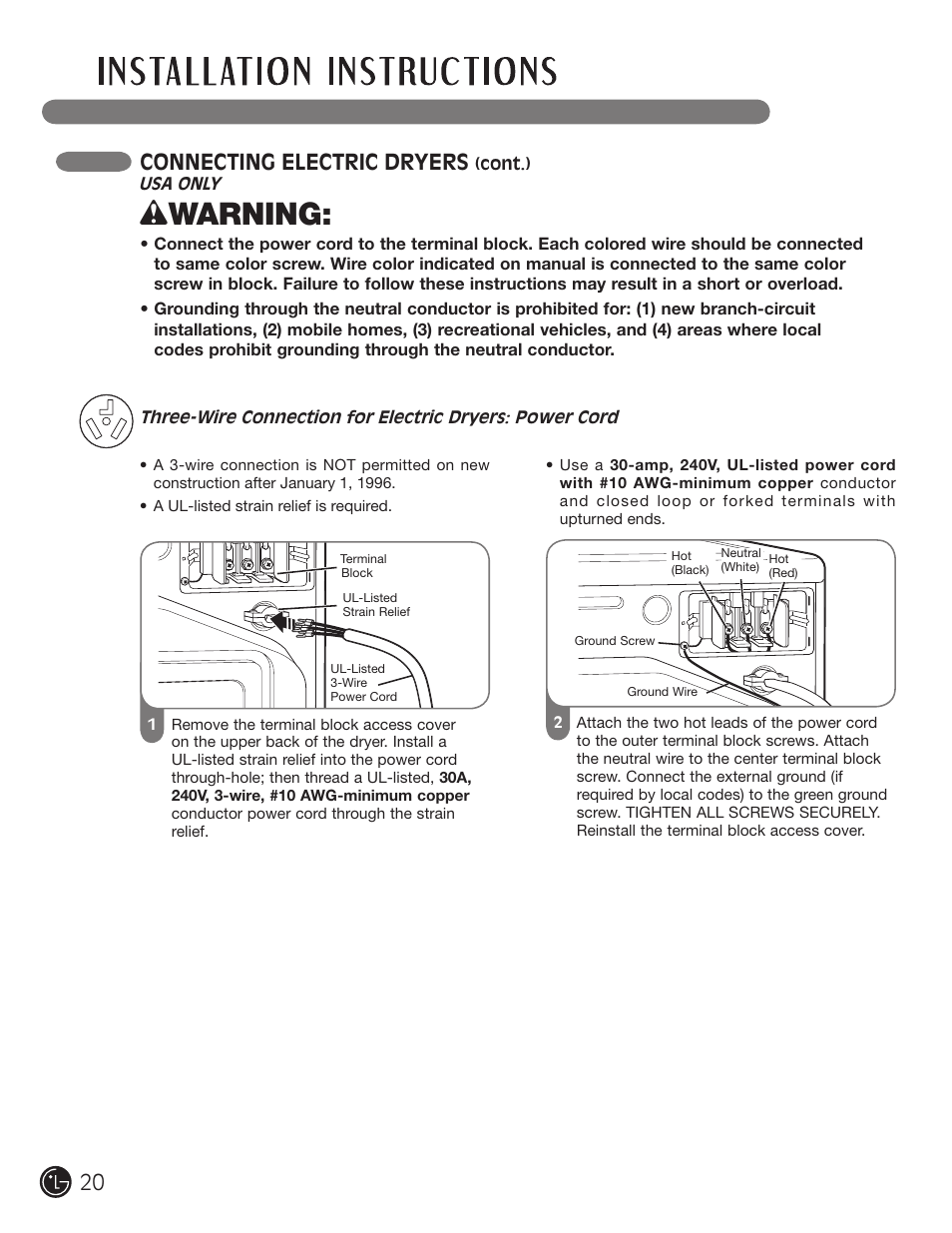 Wwarning, Connecting electric dryers | LG DLE2101W User Manual | Page 20 / 112