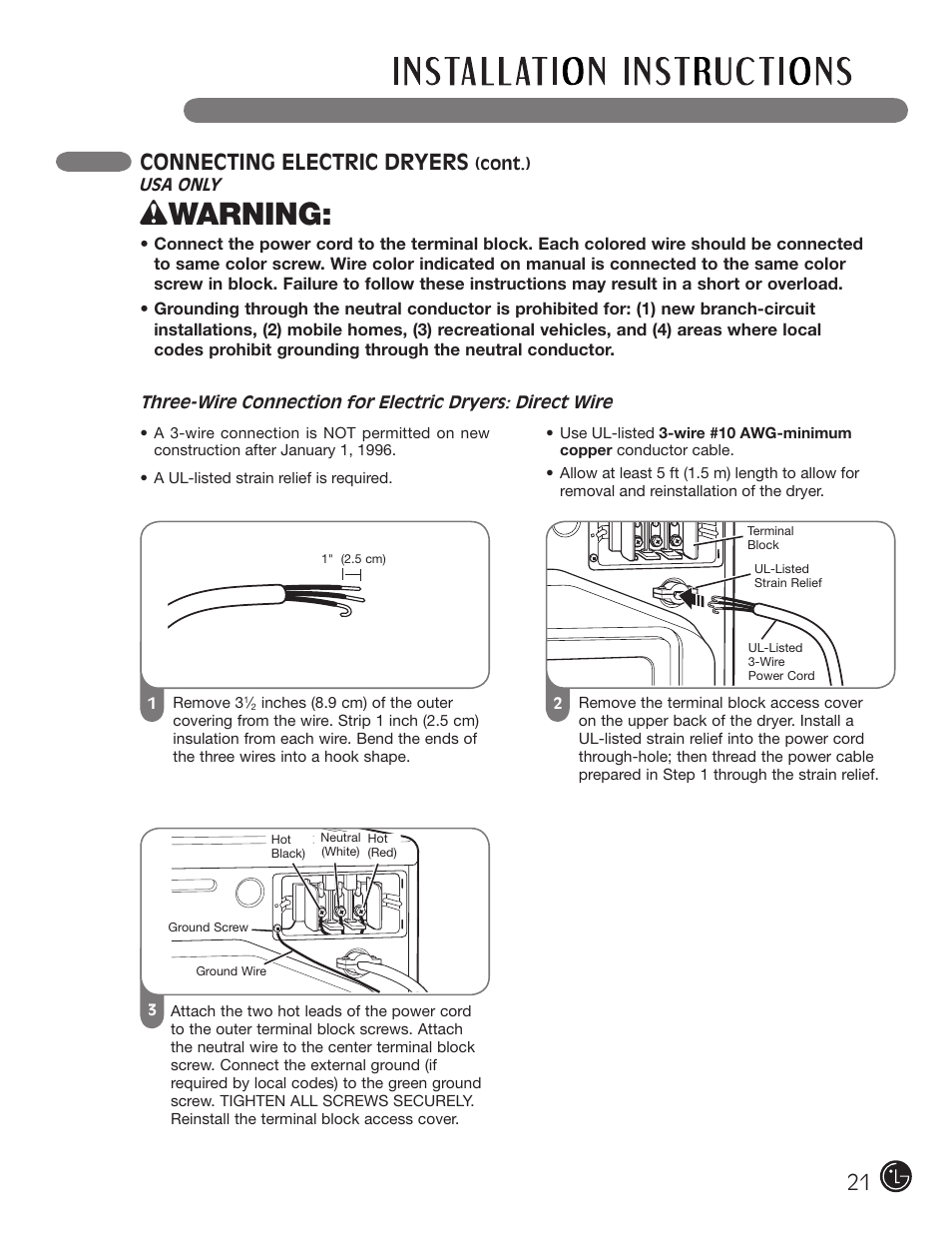 Wwarning, Connecting electric dryers | LG DLE2101W User Manual | Page 21 / 112