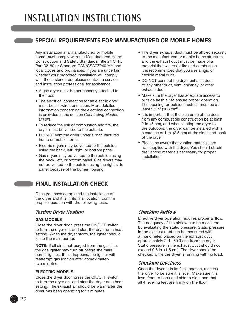 Final installation check | LG DLE2101W User Manual | Page 22 / 112