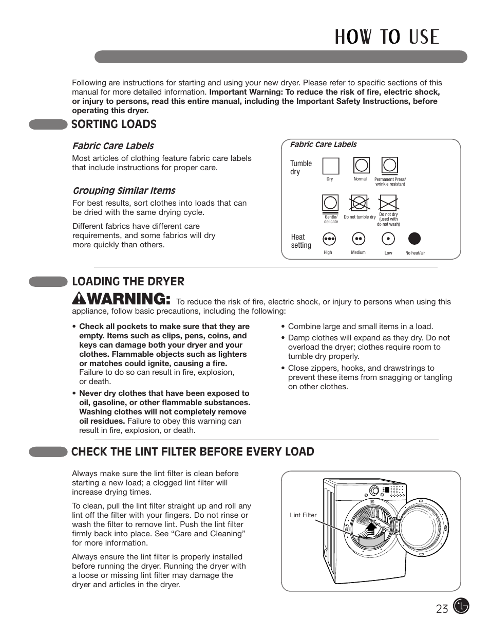 Wwarning, Sorting loads, Check the lint filter before every load | Loading the dryer | LG DLE2101W User Manual | Page 23 / 112