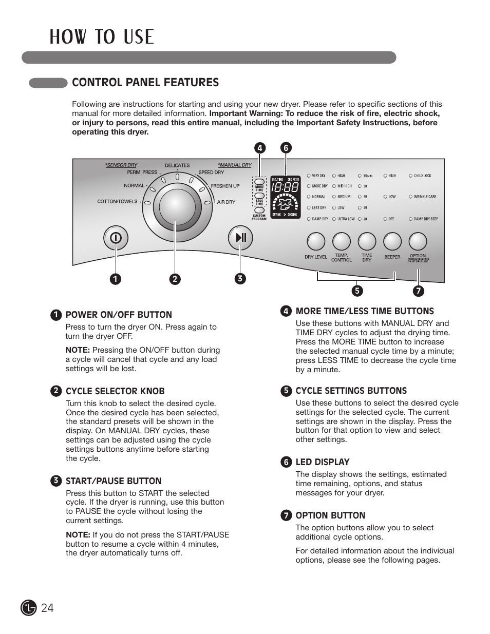 Control panel features | LG DLE2101W User Manual | Page 24 / 112