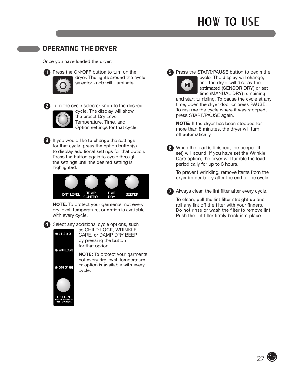 Operating the dryer | LG DLE2101W User Manual | Page 27 / 112
