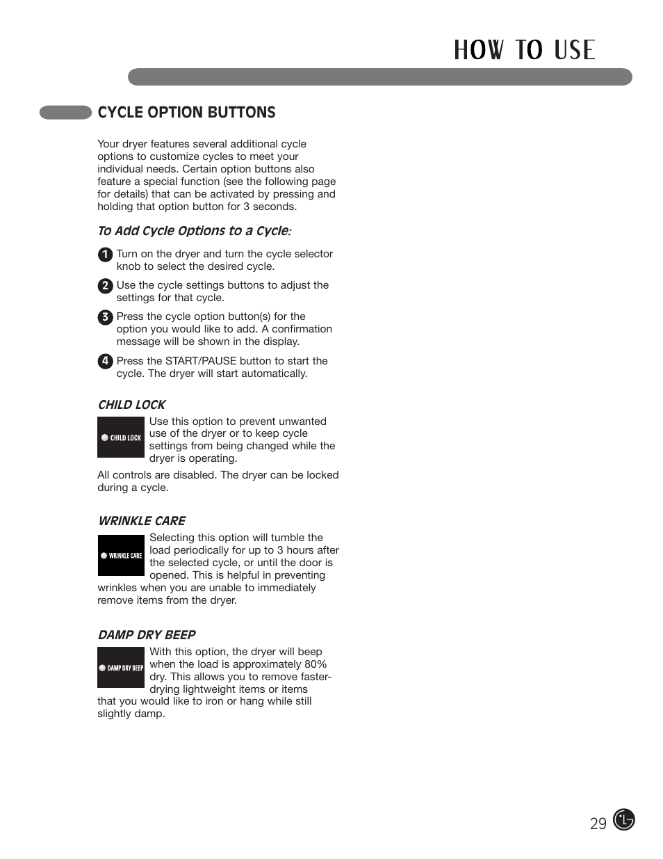 Cycle option buttons | LG DLE2101W User Manual | Page 29 / 112