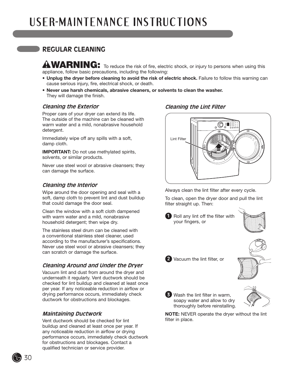 Wwarning, Regular cleaning | LG DLE2101W User Manual | Page 30 / 112