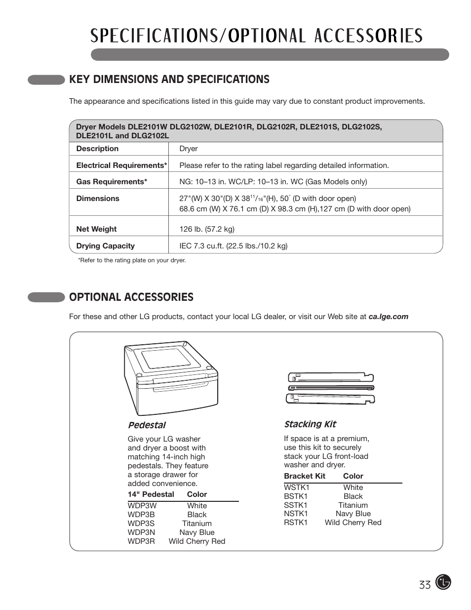 Key dimensions and specifications, Optional accessories | LG DLE2101W User Manual | Page 33 / 112