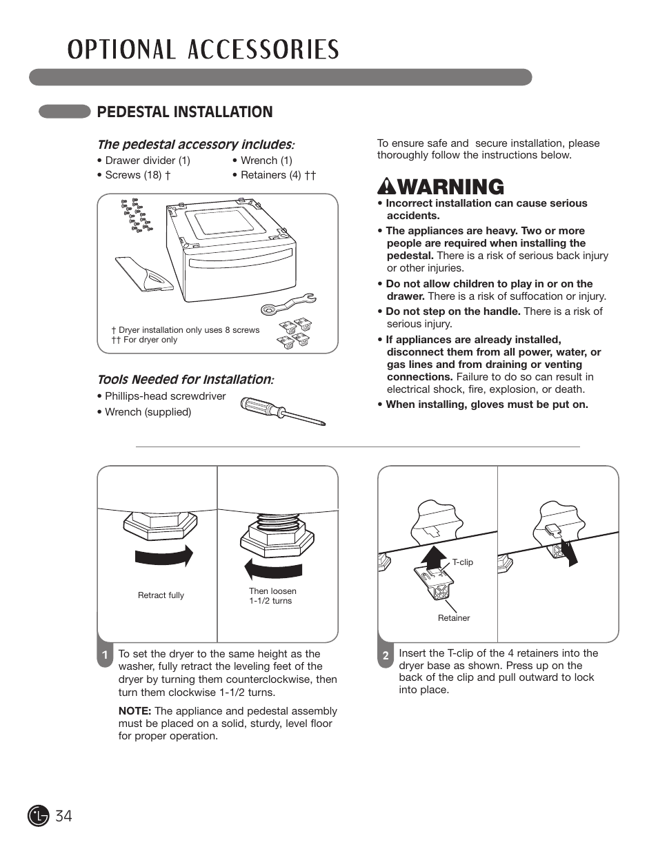 Wwarning, Pedestal installation | LG DLE2101W User Manual | Page 34 / 112