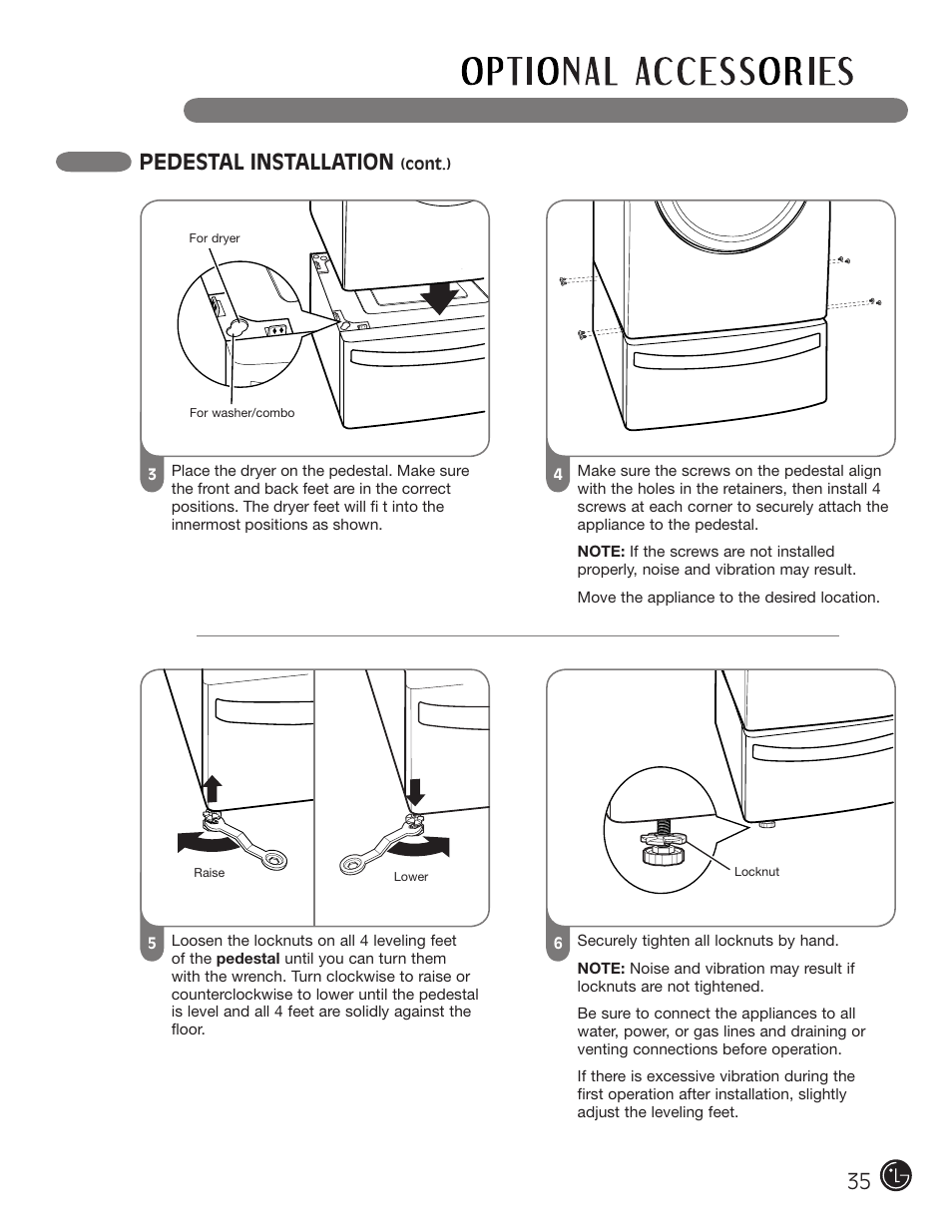 Pedestal installation | LG DLE2101W User Manual | Page 35 / 112