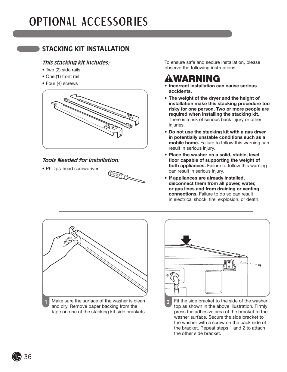 Wwarning, Stacking kit installation | LG DLE2101W User Manual | Page 36 / 112