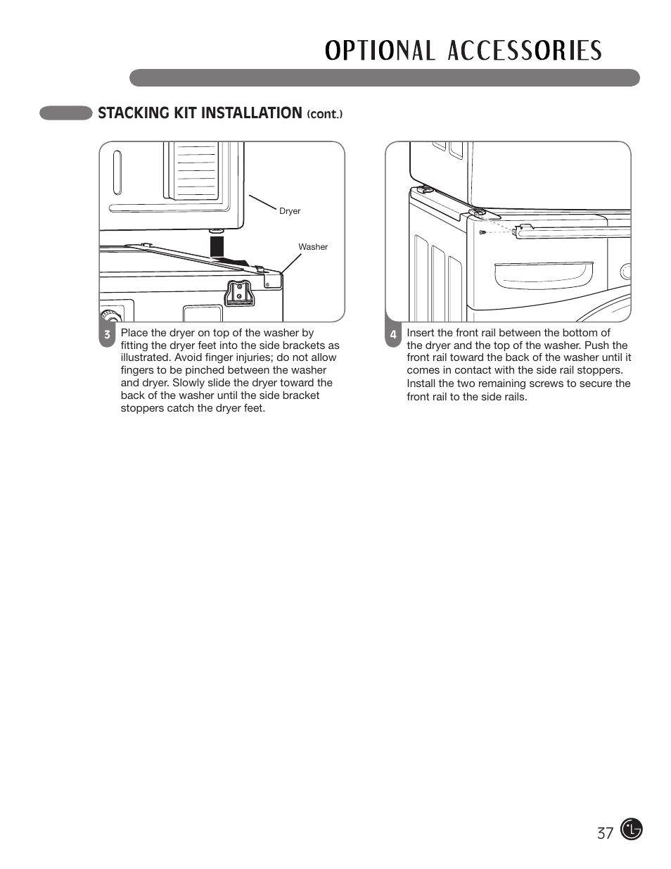 Stacking kit installation | LG DLE2101W User Manual | Page 37 / 112