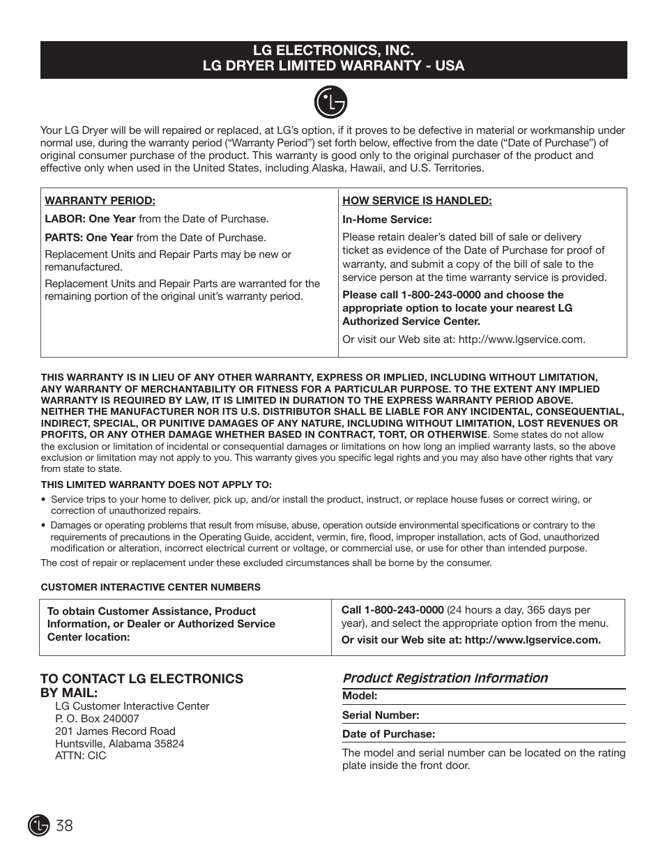 LG DLE2101W User Manual | Page 38 / 112
