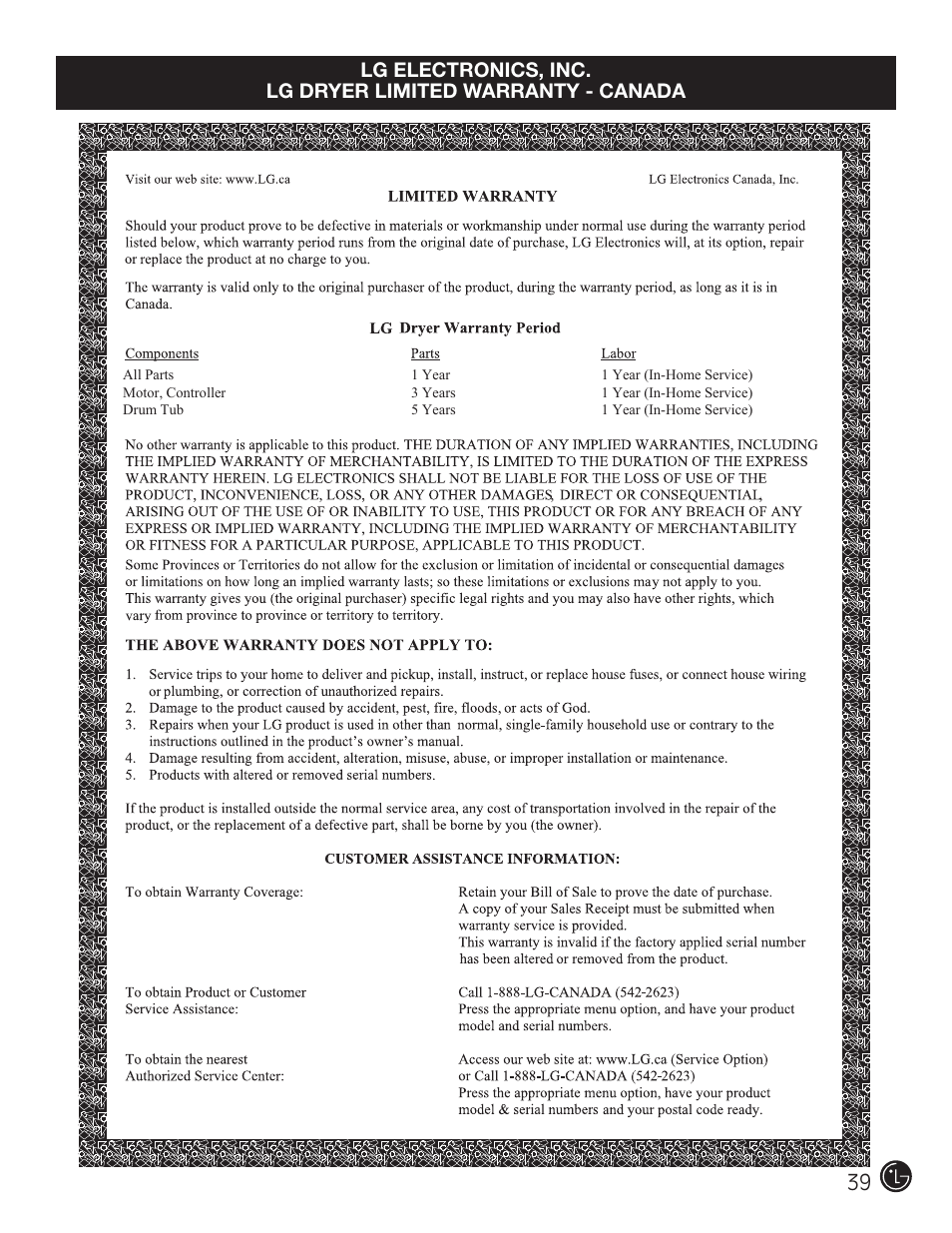 LG DLE2101W User Manual | Page 39 / 112