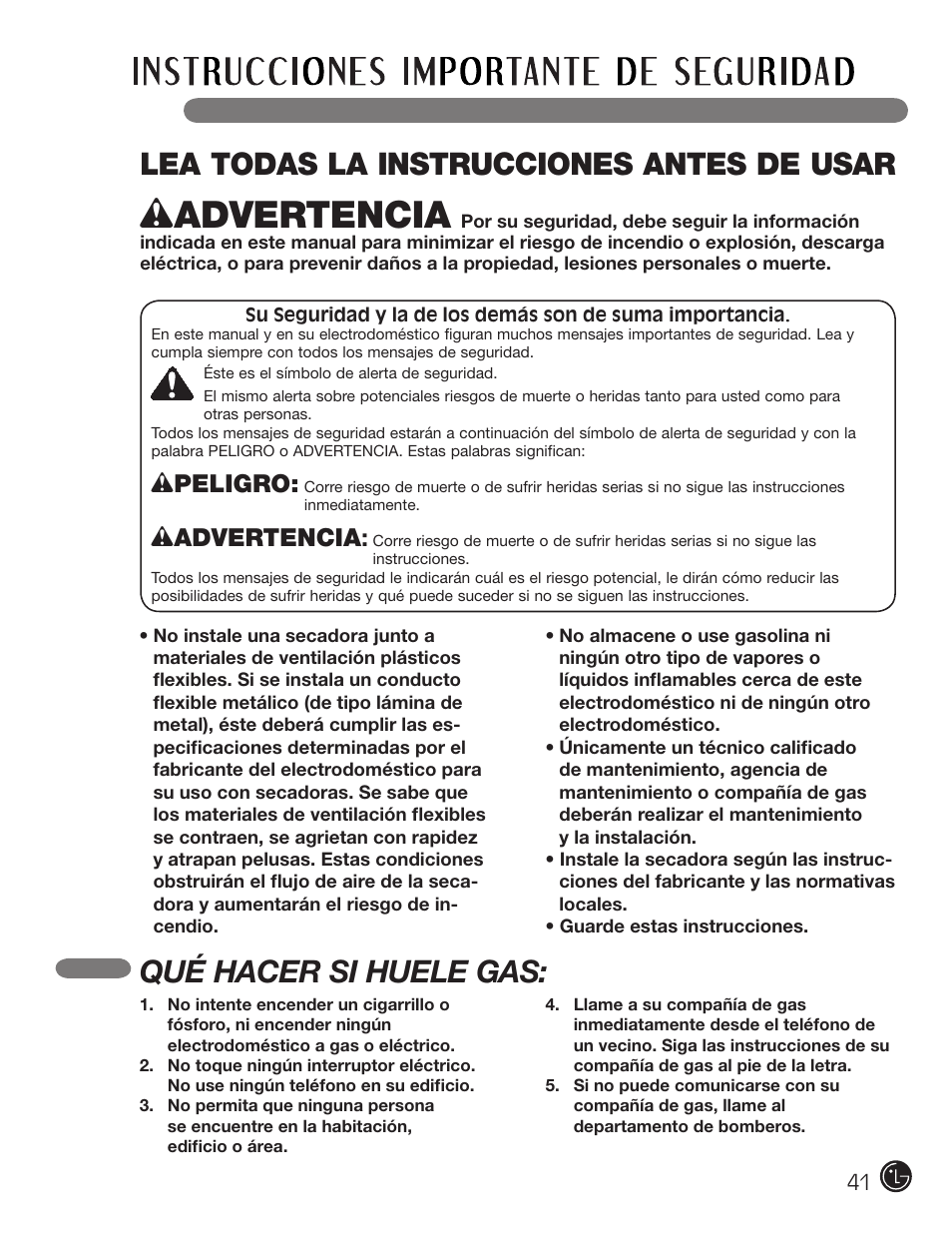 Lea todas la instrucciones antes de usar, Qué hacer si huele gas, Wpeligro | Wadvertencia | LG DLE2101W User Manual | Page 41 / 112