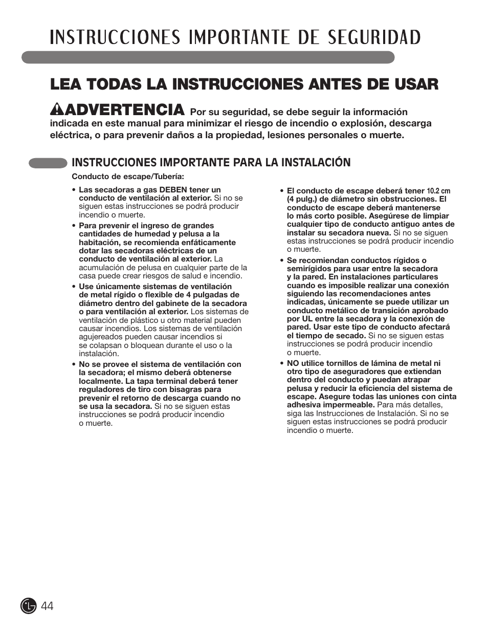 Instrucciones importante para la instalación 44 | LG DLE2101W User Manual | Page 44 / 112