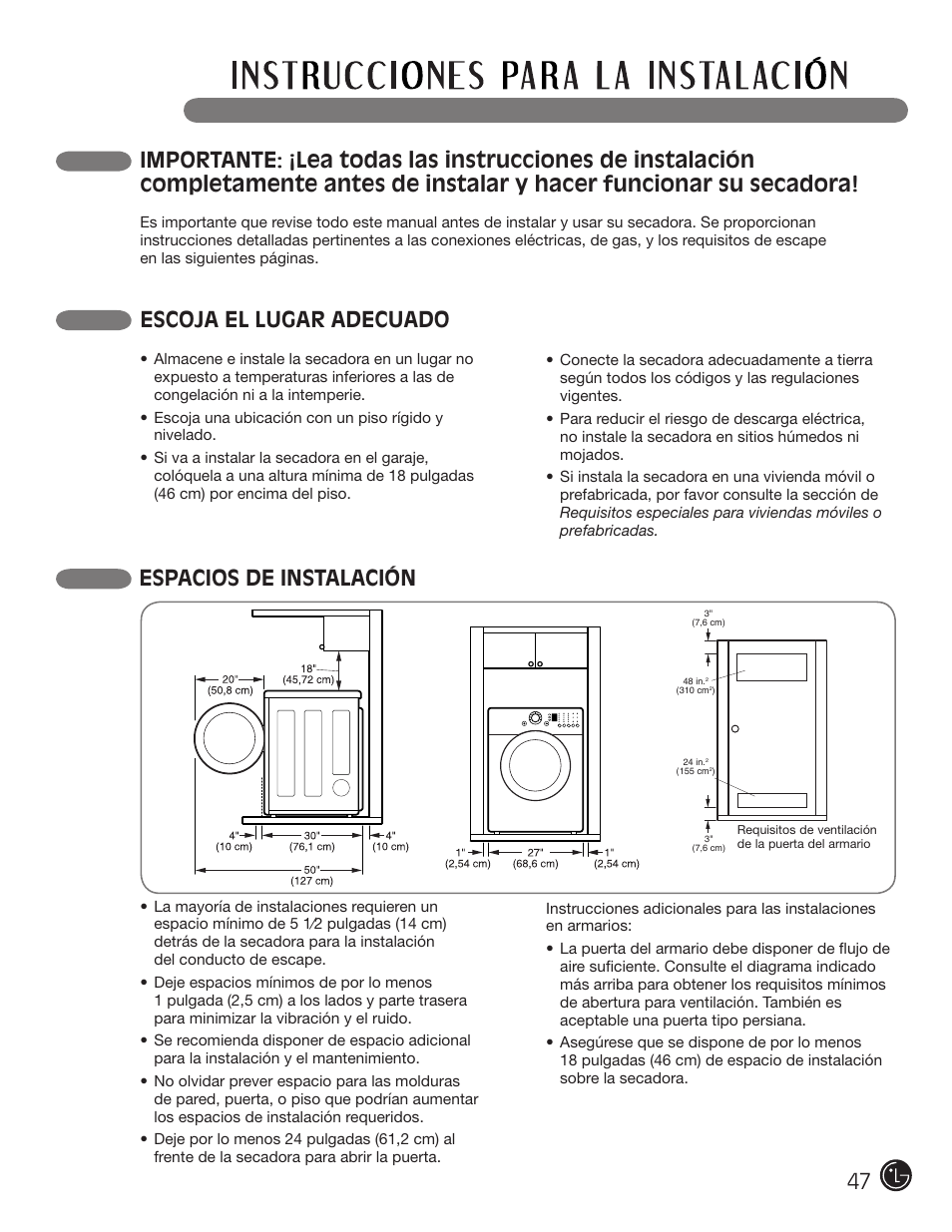 Escoja el lugar adecuado, Espacios de instalación | LG DLE2101W User Manual | Page 47 / 112