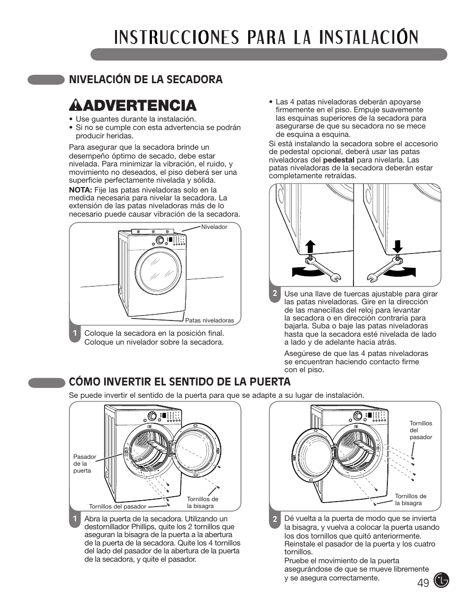 Wadvertencia, Cómo invertir el sentido de la puerta, Nivelación de la secadora | LG DLE2101W User Manual | Page 49 / 112