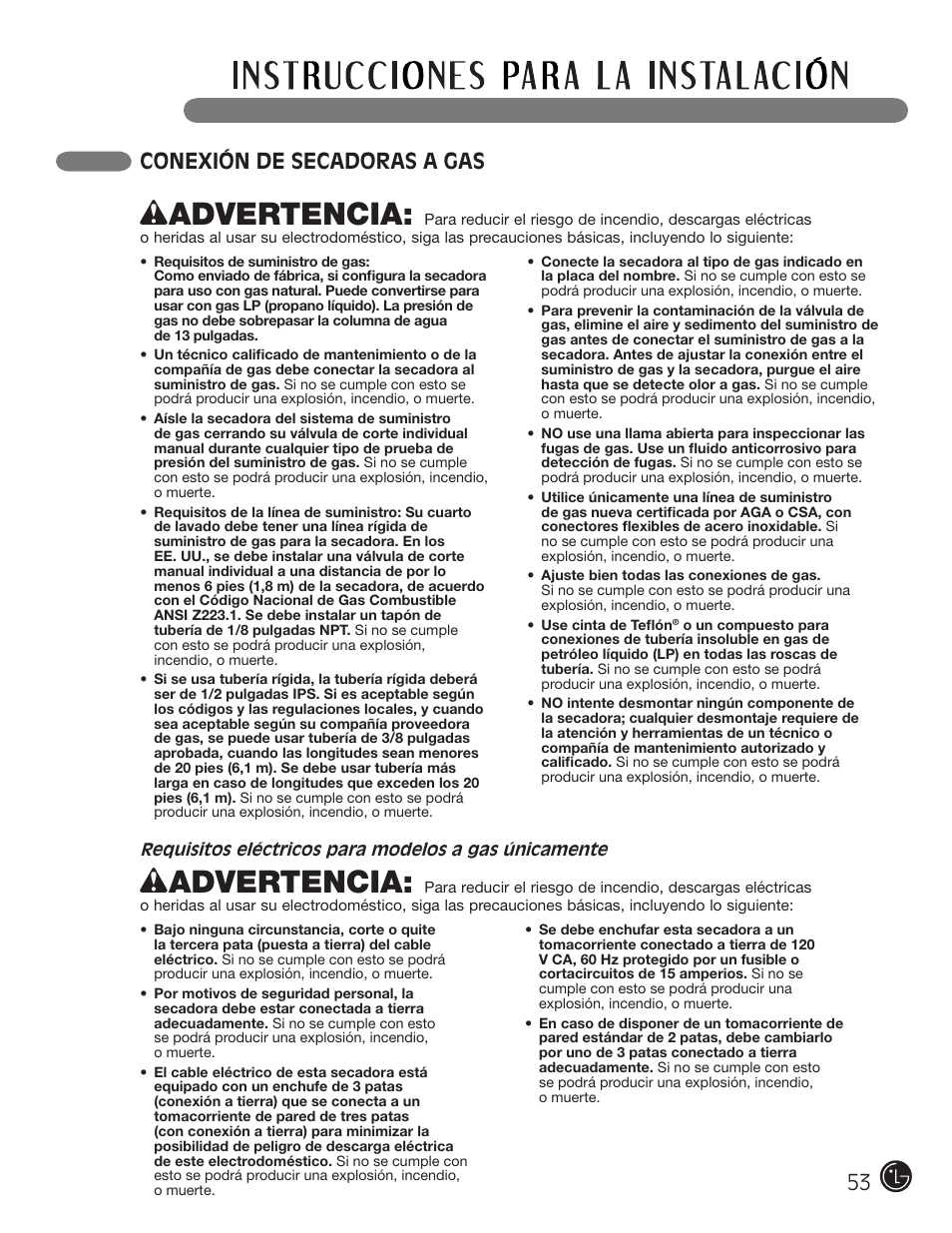 Wadvertencia, 53 conexión de secadoras a gas | LG DLE2101W User Manual | Page 53 / 112