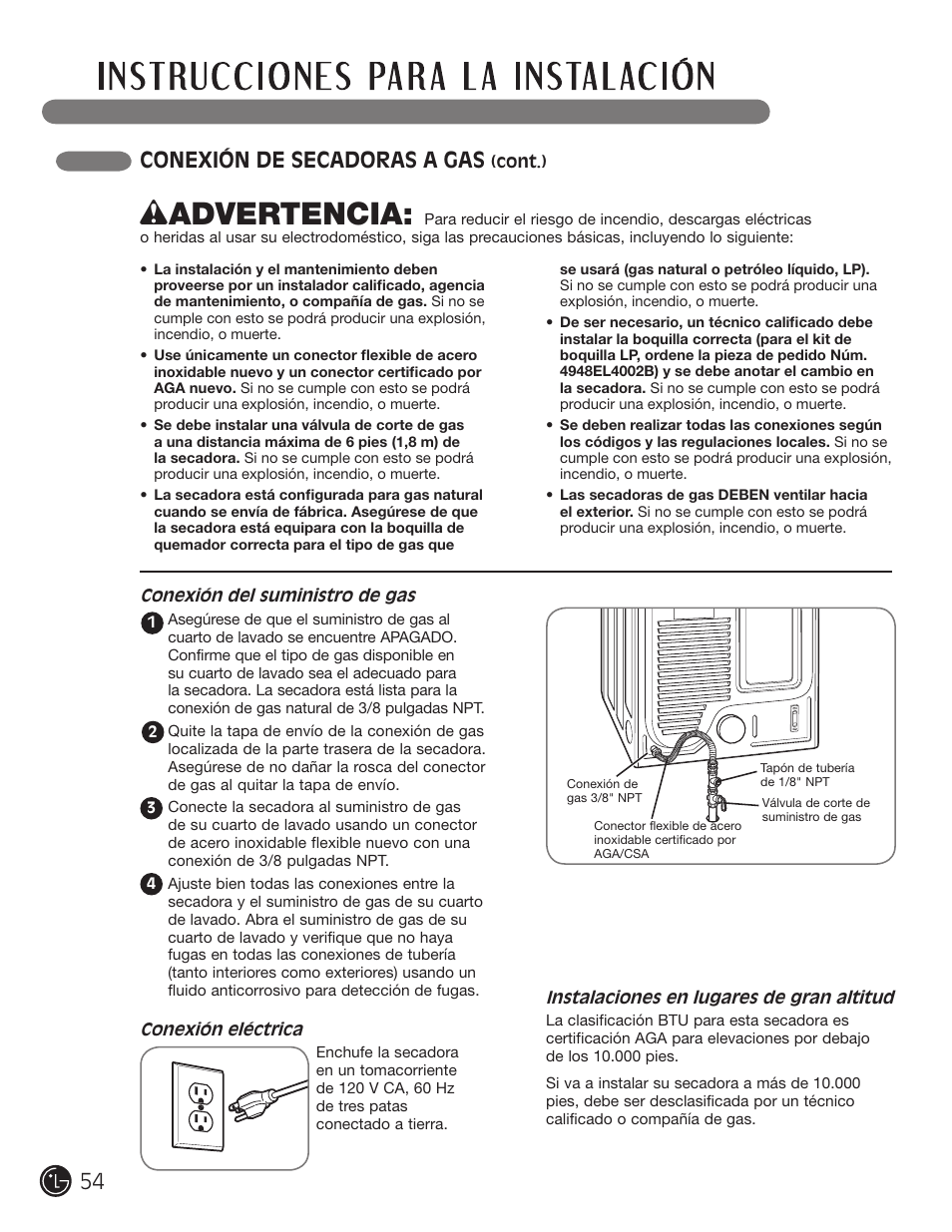 Wadvertencia, Conexión de secadoras a gas | LG DLE2101W User Manual | Page 54 / 112