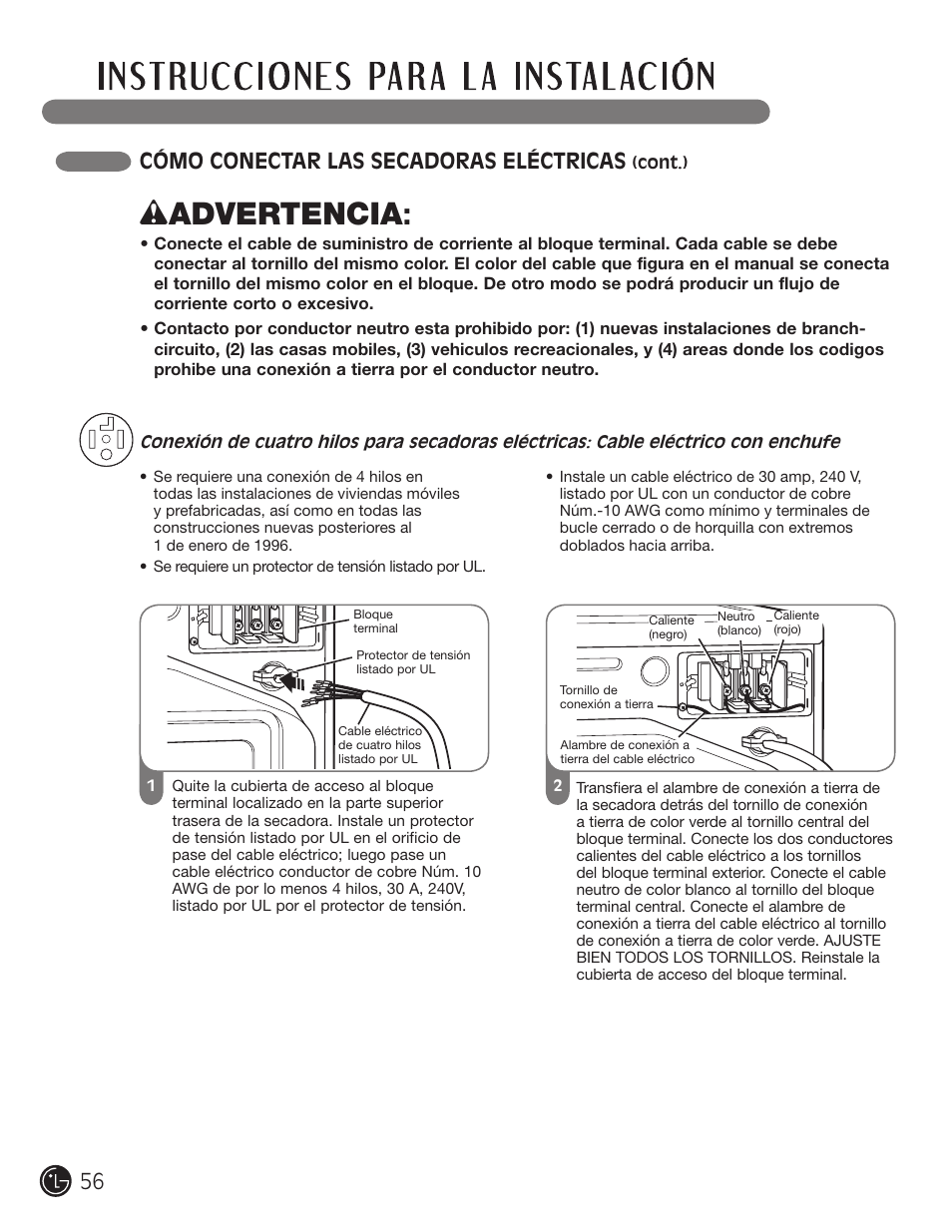 Wadvertencia, Cómo conectar las secadoras eléctricas | LG DLE2101W User Manual | Page 56 / 112