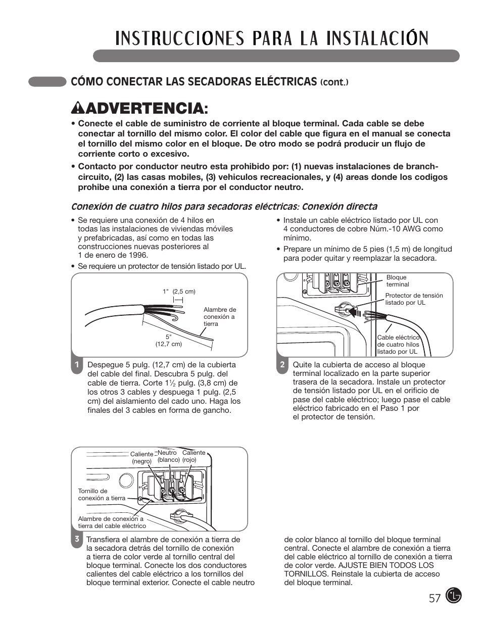 Wadvertencia, Cómo conectar las secadoras eléctricas | LG DLE2101W User Manual | Page 57 / 112