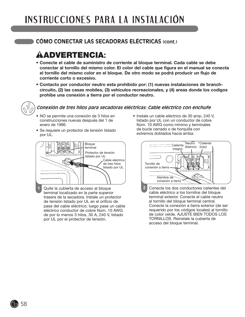Wadvertencia, Cómo conectar las secadoras eléctricas | LG DLE2101W User Manual | Page 58 / 112