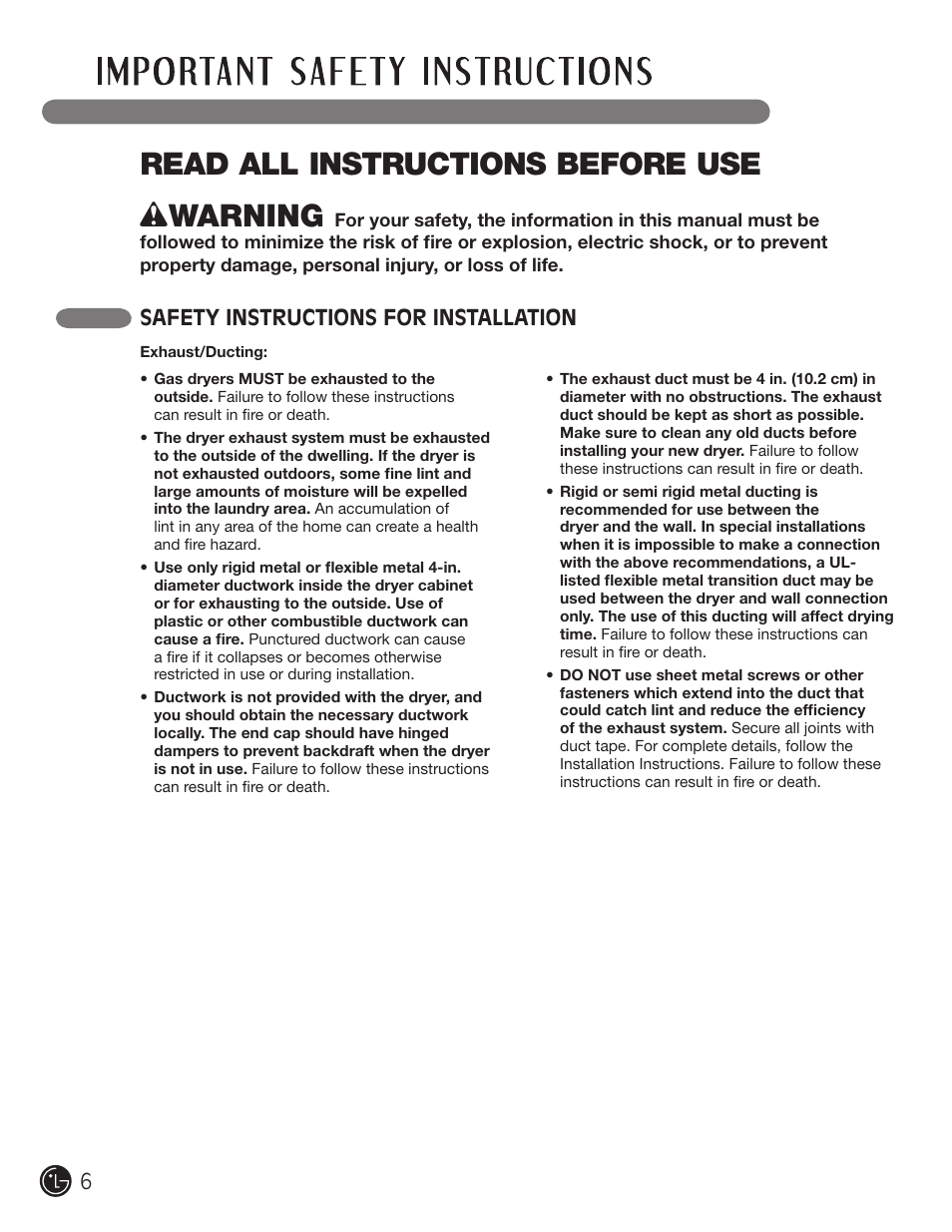 Read all instructions before use, Wwarning, Safety instructions for installation | LG DLE2101W User Manual | Page 6 / 112