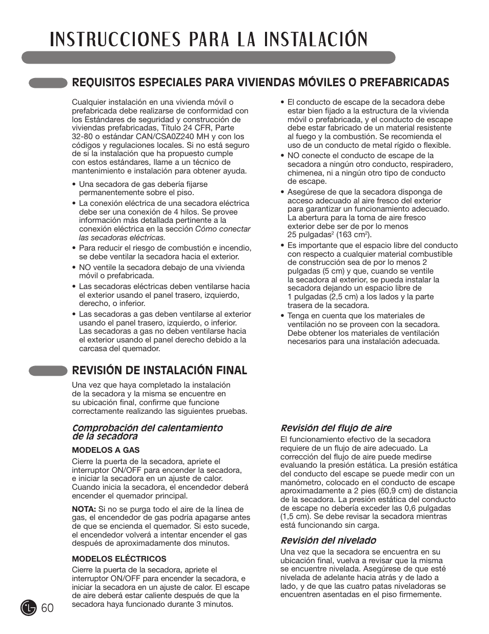Revisión de instalación final | LG DLE2101W User Manual | Page 60 / 112